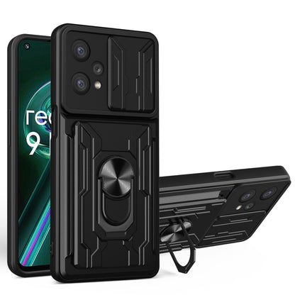 Black sliding card phone case with armored pattern, circular grip, and kickstand