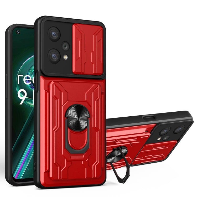Red sliding card phone case with armored pattern, circular grip, and kickstand