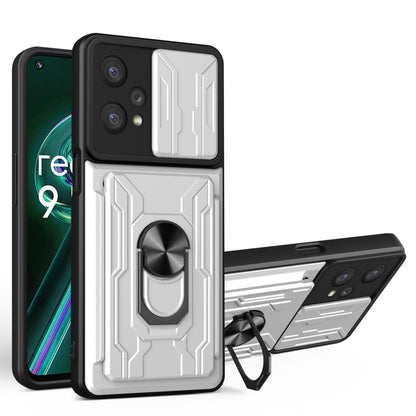 White sliding card phone case with armored pattern, circular grip, and kickstand