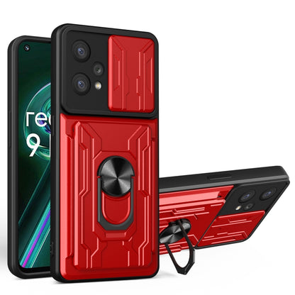 Sliding camshield card phone case, red with kickstand ring holder and card cover