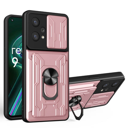 Sliding camshield card phone case, rose gold with kickstand ring holder and card cover
