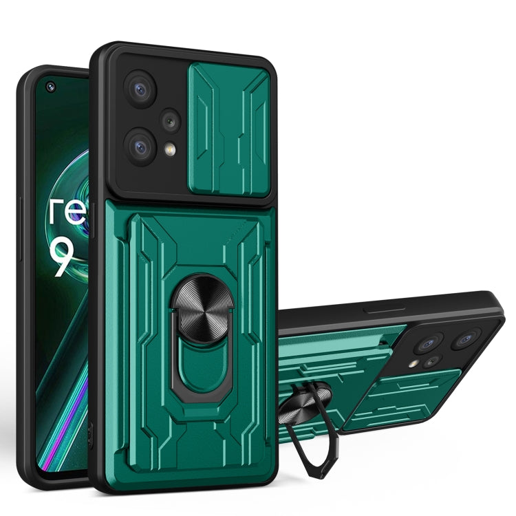 Sliding camshield card phone case, dark green with kickstand ring holder and card cover