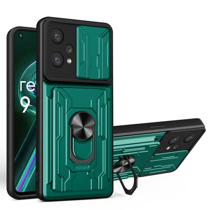 Sliding camshield card phone case, dark green with kickstand ring holder and card cover