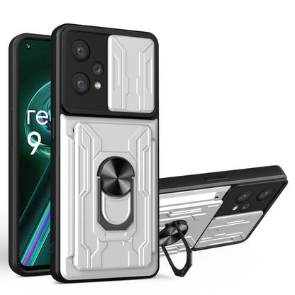 Sliding camshield card phone case, pearl white with kickstand ring holder and card cover