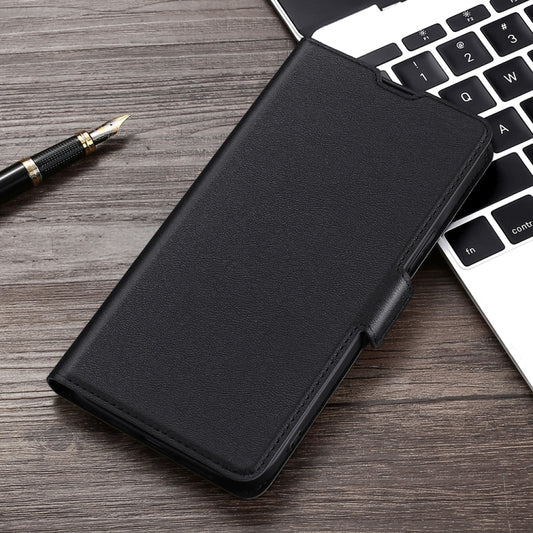 Black leather-style flip phone case with side buckle and protective cover.