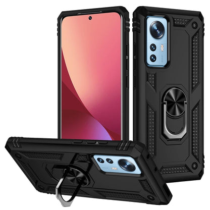 Rugged shockproof phone case with built-in metal ring holder, black