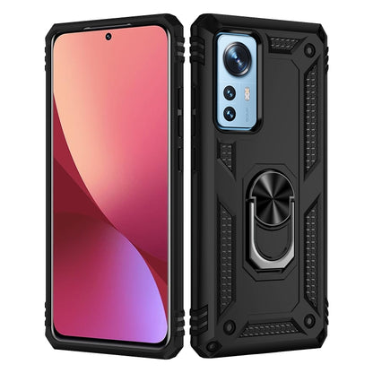 Rugged shockproof phone case with metal ring stand, black