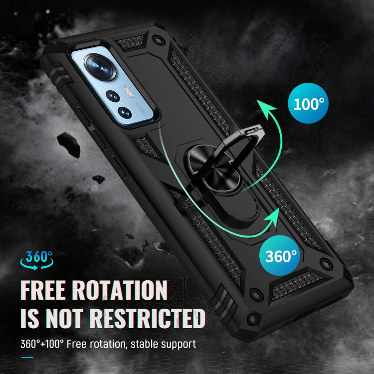 Rugged shockproof phone case with rotating metal ring holder, black