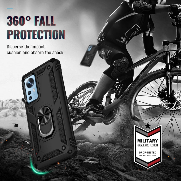 Rugged shockproof phone case with 360-degree metal ring holder, black