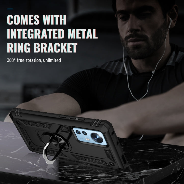 Rugged shockproof phone case with integrated metal ring bracket, black