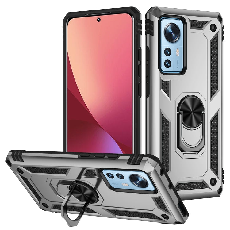 Rugged shockproof phone case with metal ring holder, silver