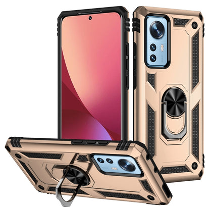 Rugged shockproof phone case with metal ring holder, gold