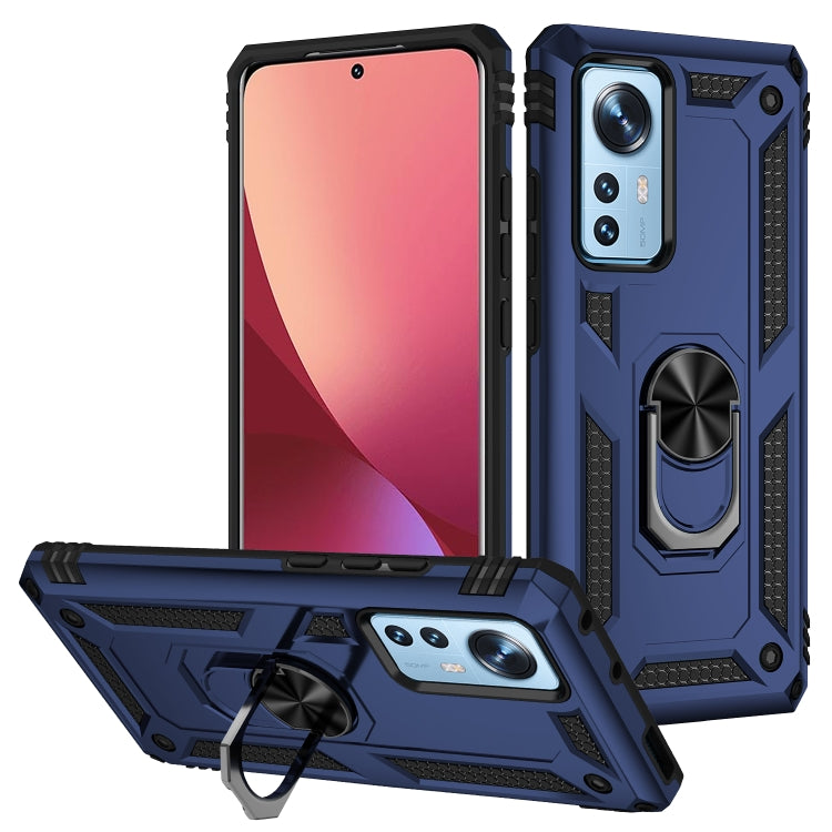 Rugged shockproof phone case with metal ring holder, blue