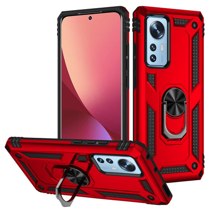 Shockproof phone case with holder, red TPU+PC back cover and raised kickstand
