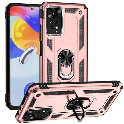 Shockproof phone case with holder, rose gold TPU+PC cover with kickstand and raised edges
