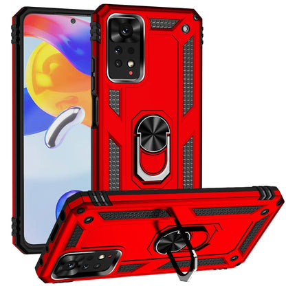 Shockproof phone case with holder, red TPU+PC back cover and raised kickstand
