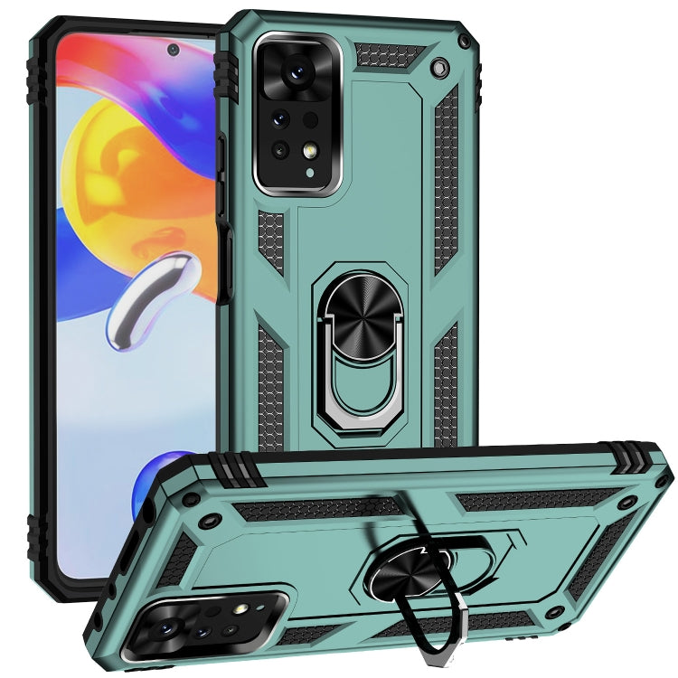 Shockproof phone case with holder, dark green TPU+PC cover with kickstand and grip details