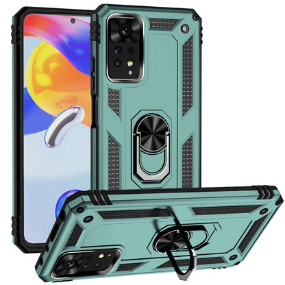 Shockproof phone case with holder, dark green TPU+PC cover with kickstand and grip details