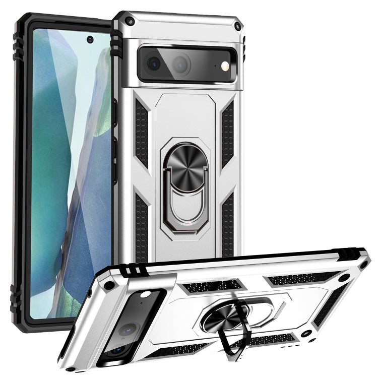 Shockproof TPU + PC phone case with holder, silver with rugged bumper design