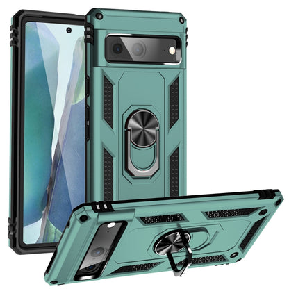 Shockproof TPU + PC phone case with holder, dark green with rugged bumper design