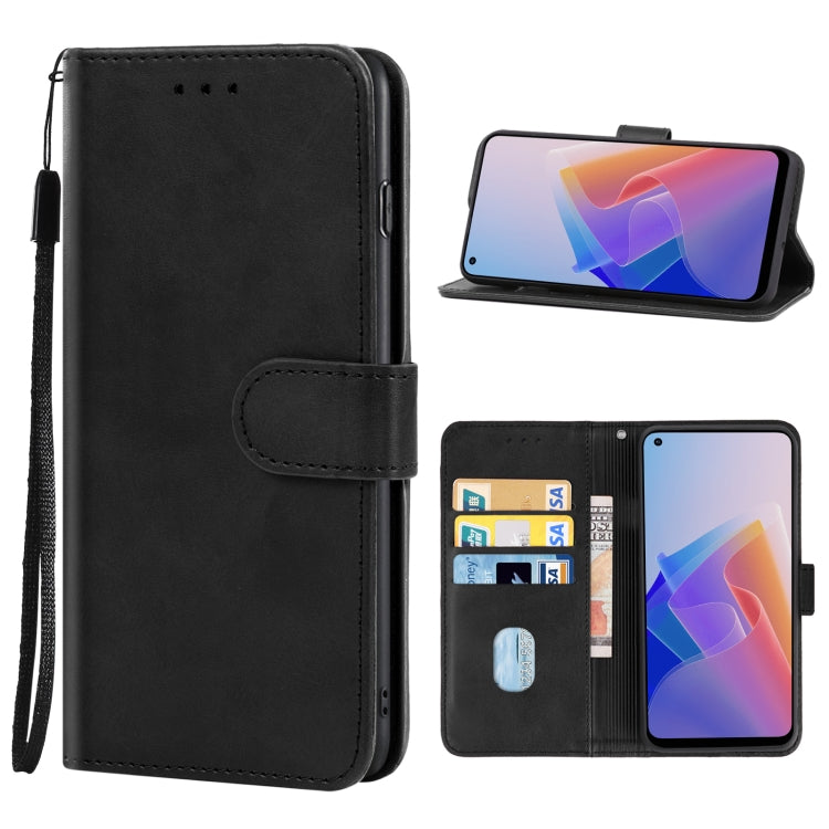 Leather phone case for OPPO Reno7 Lite, black folio with card slot and wrist strap