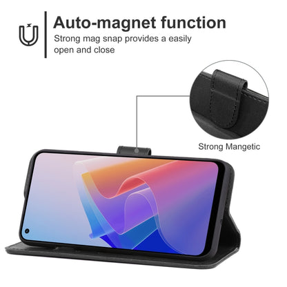 Black leather phone case for OPPO Reno7 Lite with fold-out stand for landscape viewing