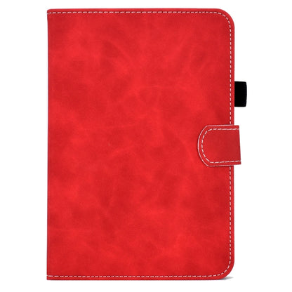 Red cowhide-texture leather tablet case with stitched edges and folding flap