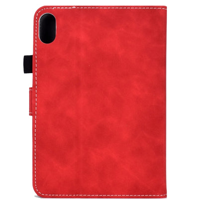 Red cowhide-texture leather tablet case with rear camera cutout and stitched border