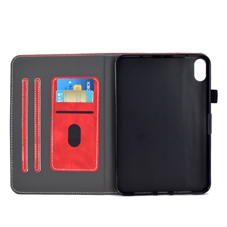 Red smart leather tablet case open view with card slots and camera cutout