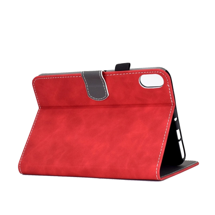 Red cowhide-texture leather tablet stand case with top handle and stitched seams