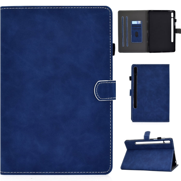 Blue cowhide-texture smart leather tablet case with flip stand and stitched edges