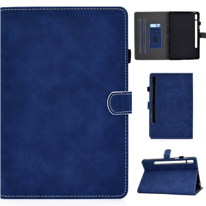 Blue cowhide-texture smart leather tablet case with flip stand and stitched edges