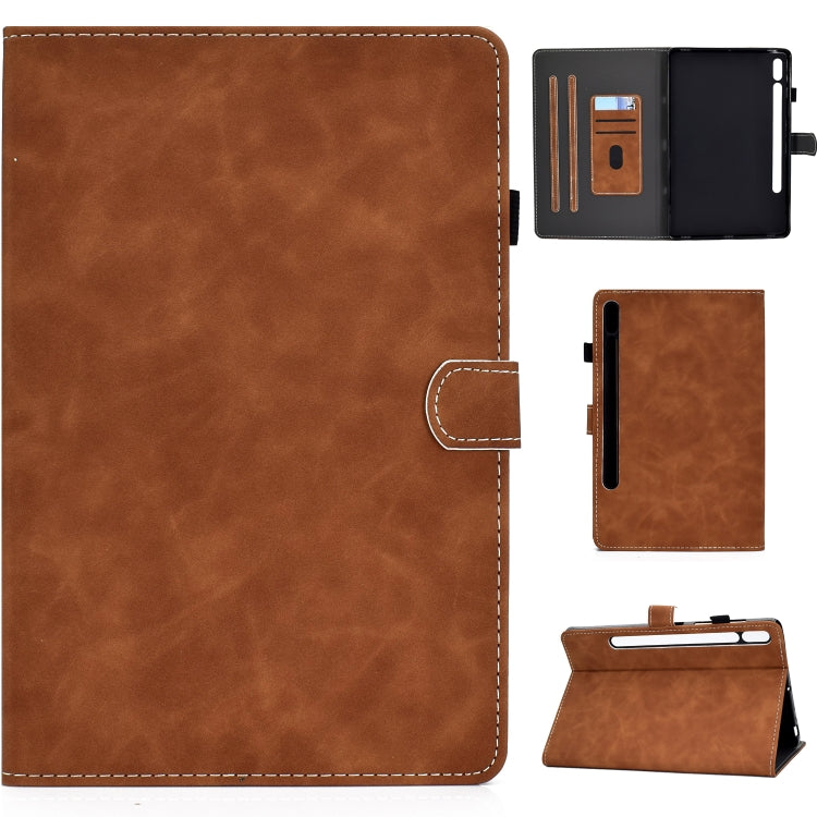 Brown cowhide-texture tablet folio case with stand, stitched edges, cutout for camera