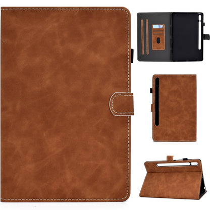 Brown cowhide-texture tablet folio case with stand, stitched edges, cutout for camera