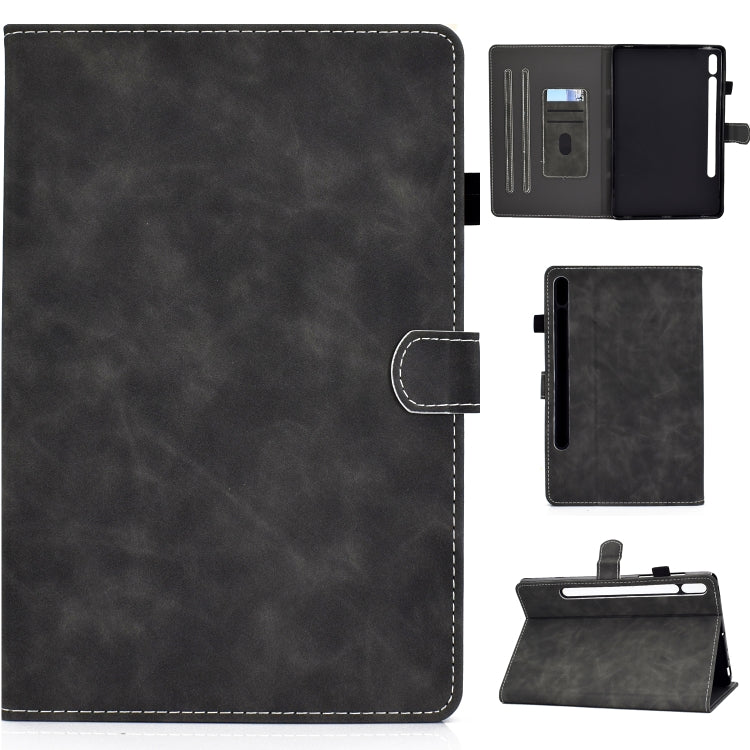 Grey cowhide-texture tablet folio case with stand, side button cutout and stitched edges