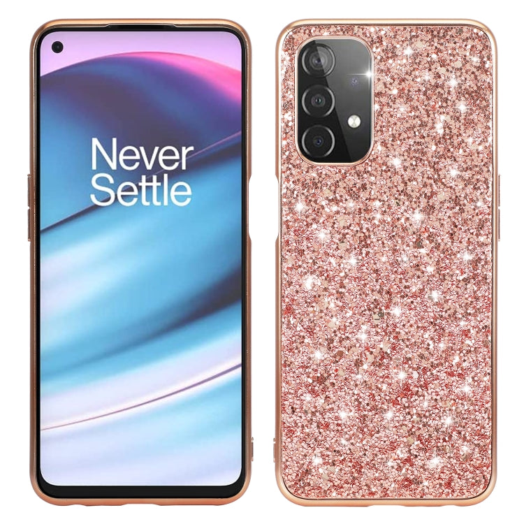 Rose gold glitter TPU phone case with raised camera cutout and slim protective border