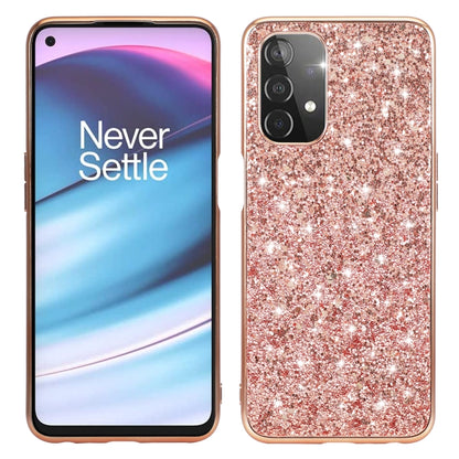 Rose gold glitter TPU phone case with raised camera cutout and slim protective border