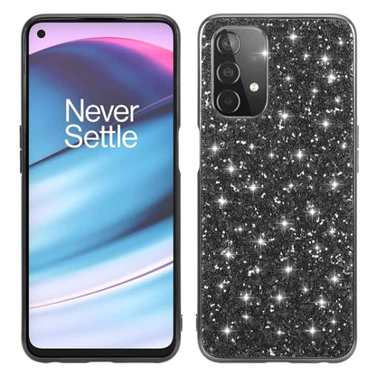 Shockproof TPU phone case, black glitter powder, clear frame, camera cutout