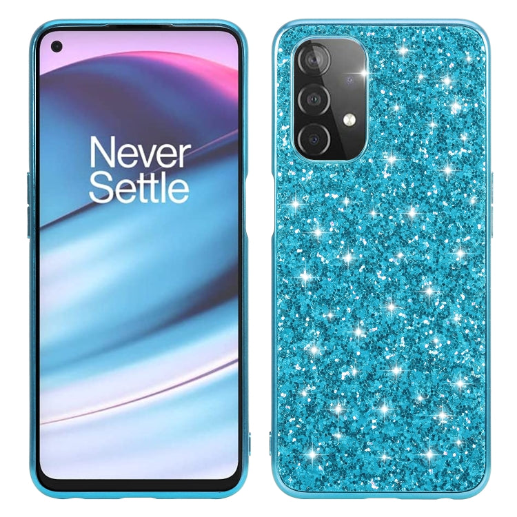 Blue glitter TPU phone case with raised camera cutout and shock-resistant bumper edges