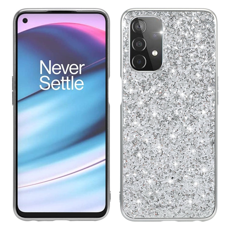 Shockproof TPU phone case, silver glitter powder, clear frame, camera cutout