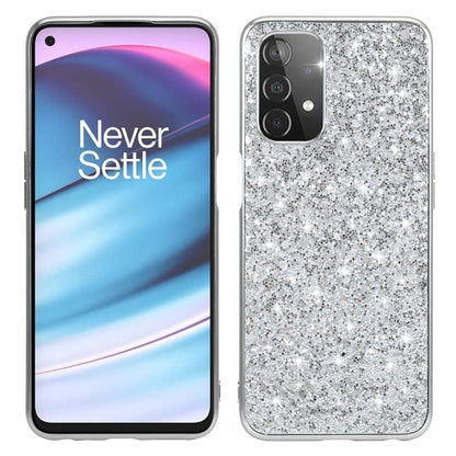 Shockproof TPU phone case, silver glitter powder, clear frame, camera cutout