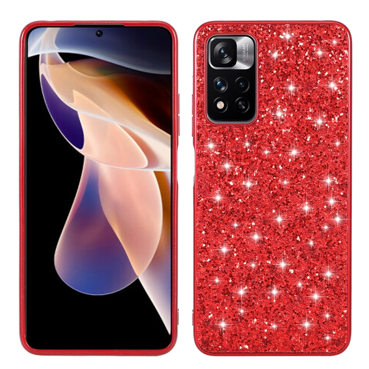 Red glitter TPU phone case with camera cutout and raised shockproof edges
