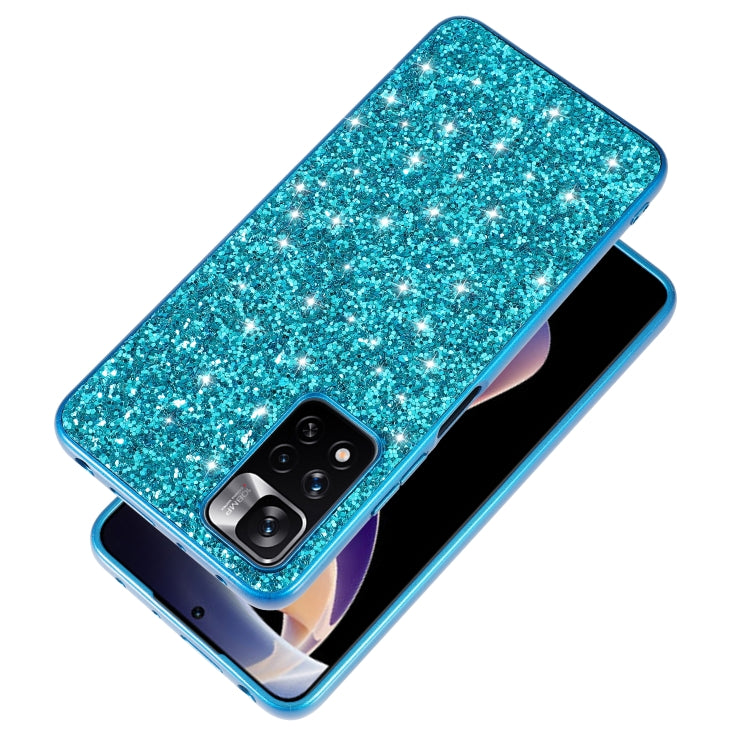 Blue glitter TPU phone case with front-edge lip and camera cutout