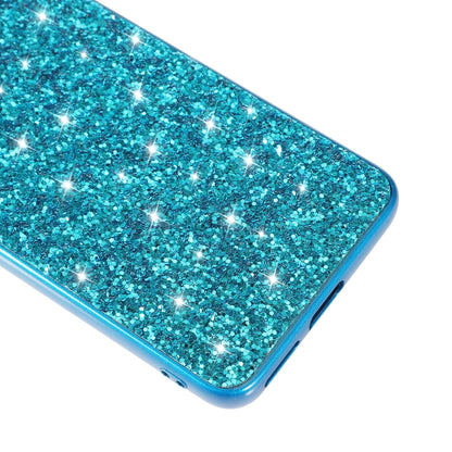 Blue glitter TPU phone case corner with textured sparkle and curved edge