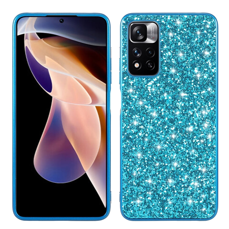 Blue glitter TPU phone case with raised camera cutout and soft edge protection