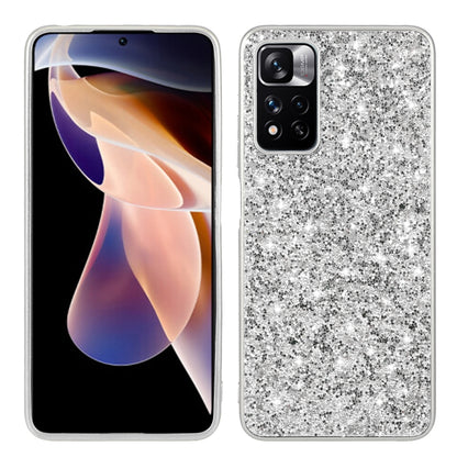 Silver glitter TPU phone case with raised camera cutout and smooth protective edges