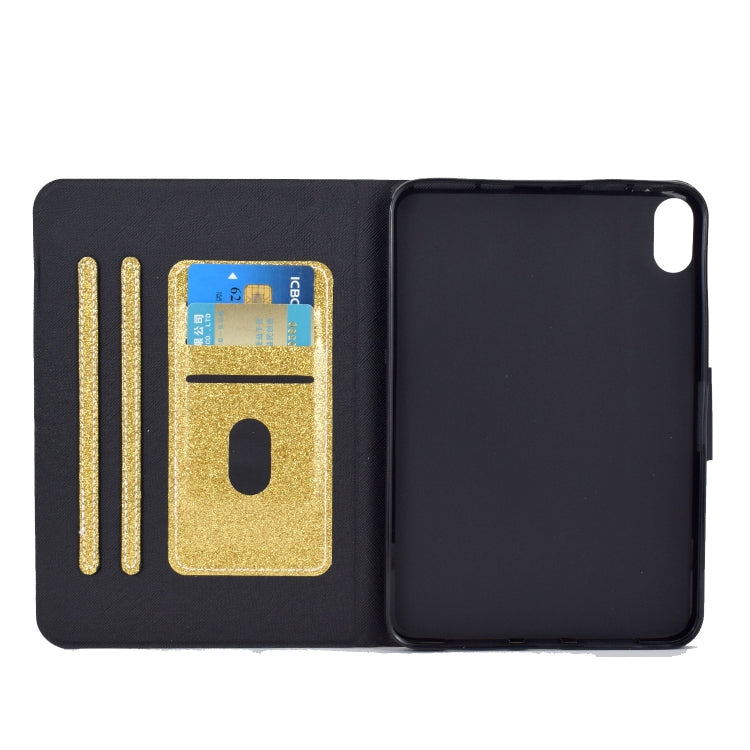 Tablet folio case with black interior and gold glitter card holder pockets