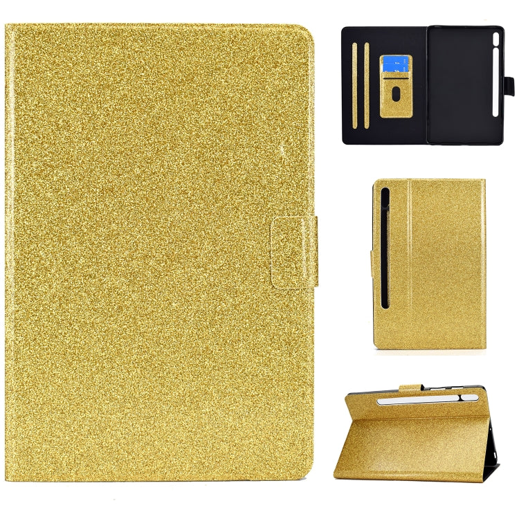 Gold glitter smart leather tablet case with folio cover and card slot view
