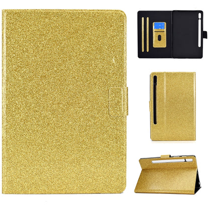 Gold glitter smart leather tablet case with folio cover and card slot view