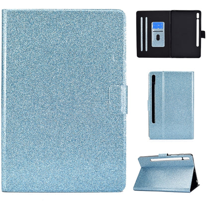 Glitter blue folio tablet case with side strap and built-in kickstand